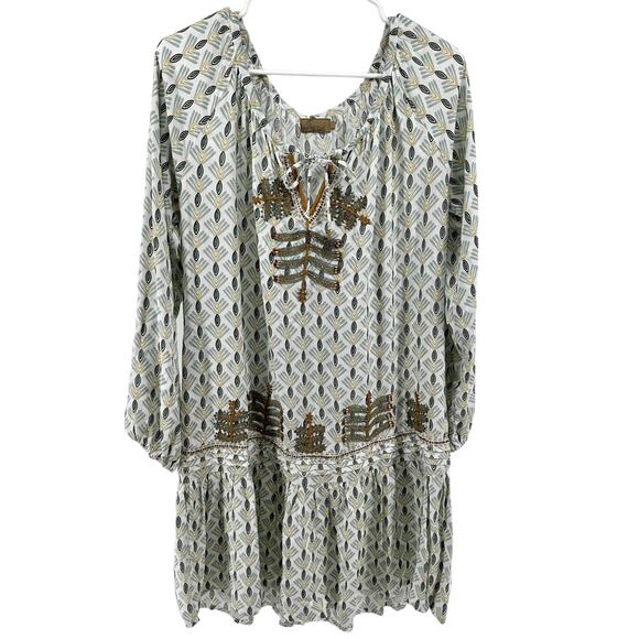 Skemo Dress Beaded Embroidery Allover Print Drop Waist Boho Hippie Scoop Large - Picture 1 of 6